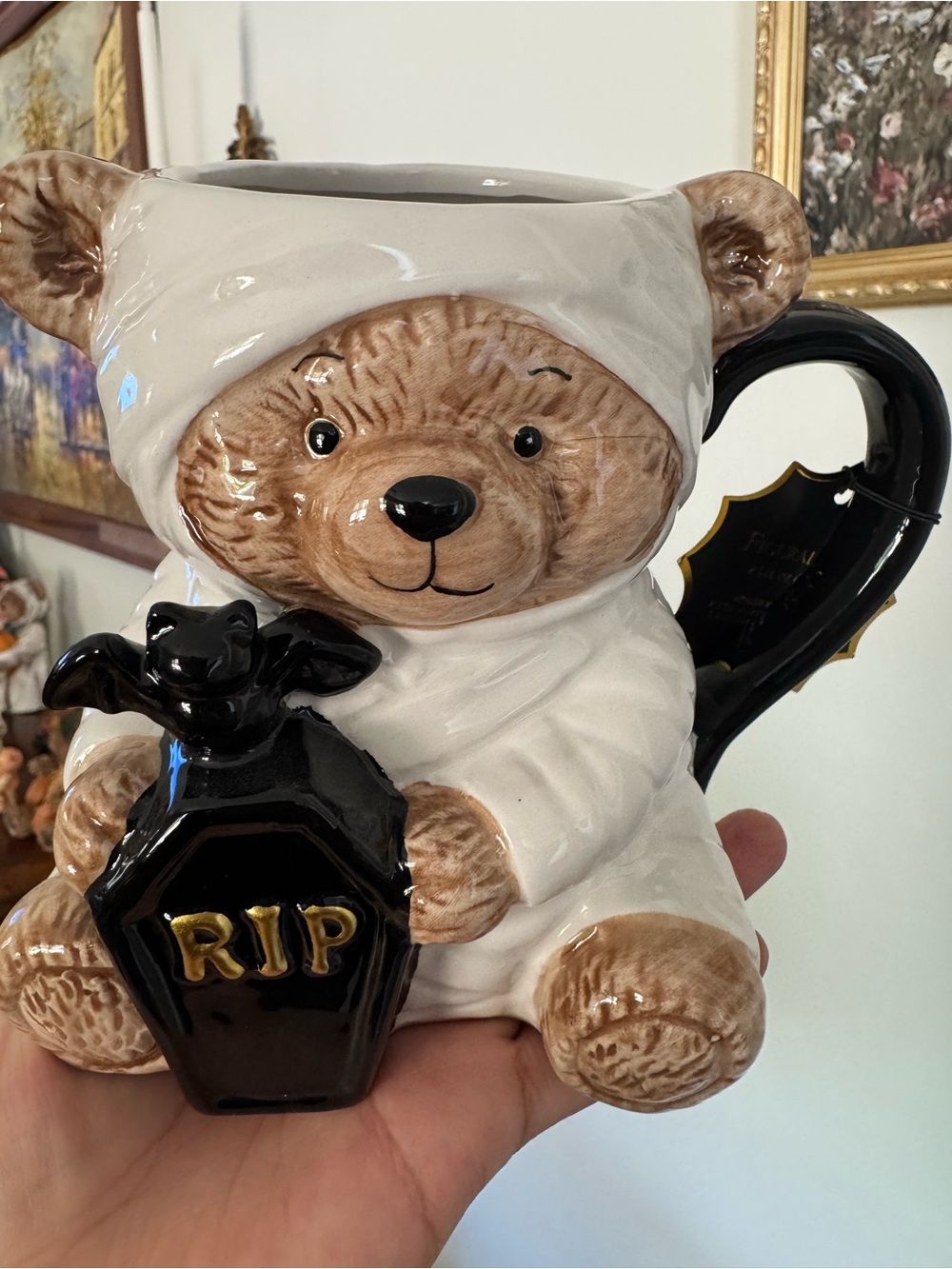 Ceramic Bear Halloween Mug - White Bear with Black Coffin Accent